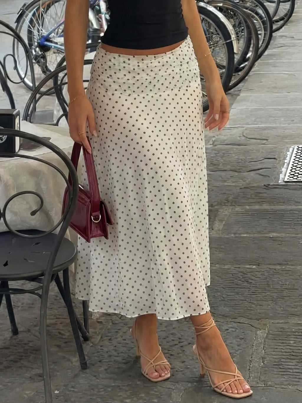 French Vintage High-Waisted Polka Dot Midi Skirt