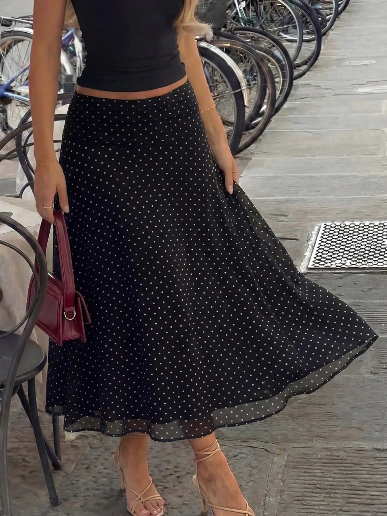 French Vintage High-Waisted Polka Dot Midi Skirt