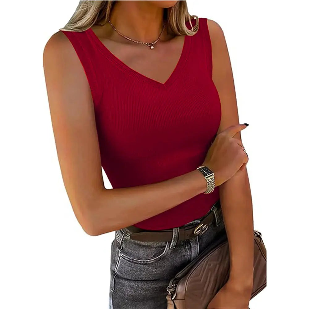 V Neck Thick Ribbed Fitted Tank Basic