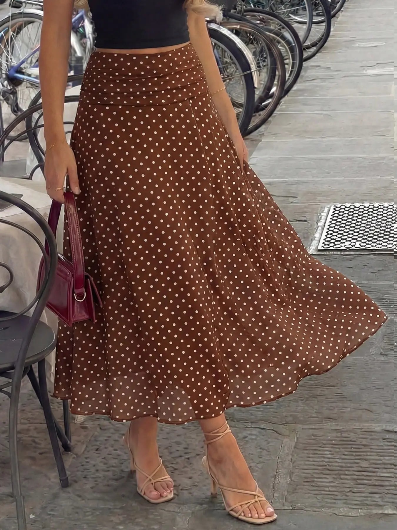 French Vintage High-Waisted Polka Dot Midi Skirt