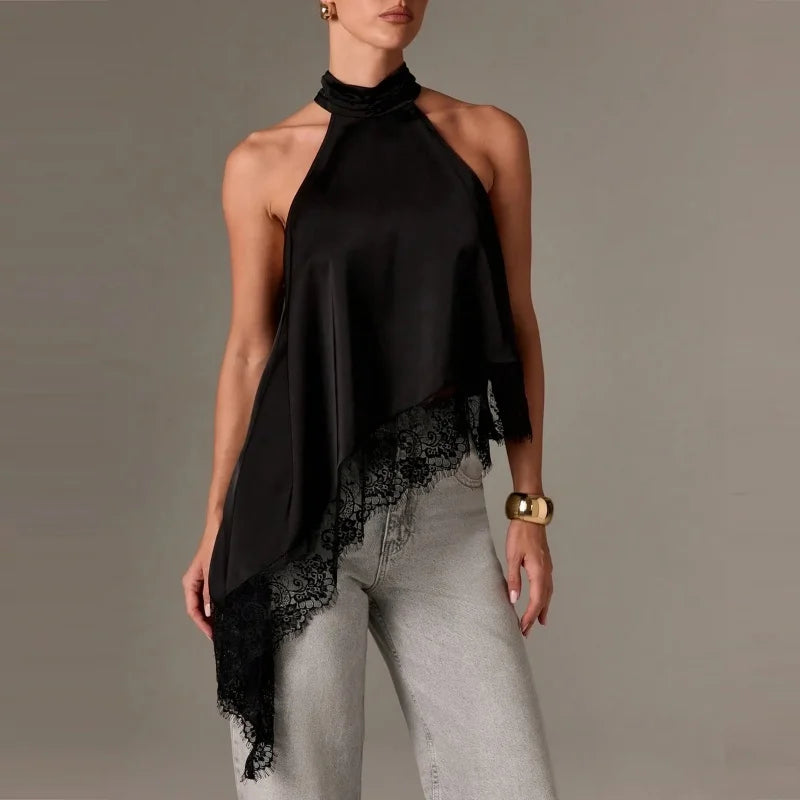 Y2K Mock Neck Lace Asymmetrical Lace Hem Top