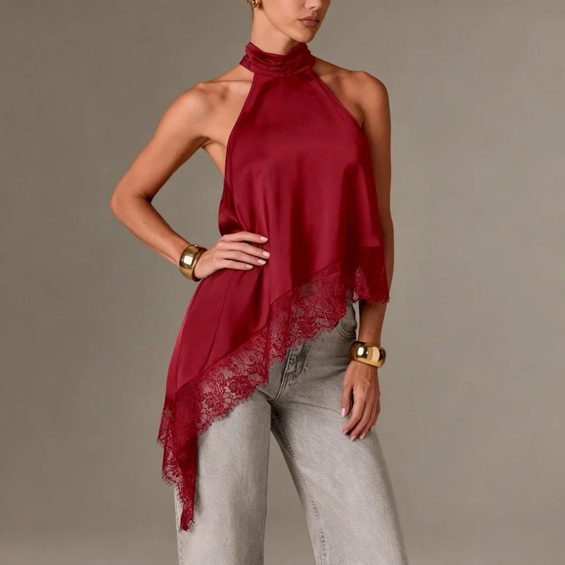 Y2K Mock Neck Lace Asymmetrical Lace Hem Top