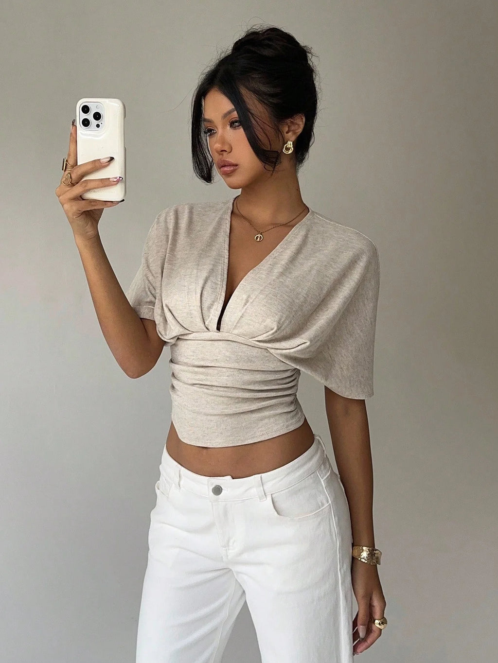 Deep V Short Sleeve Hug Waist T-Shirt