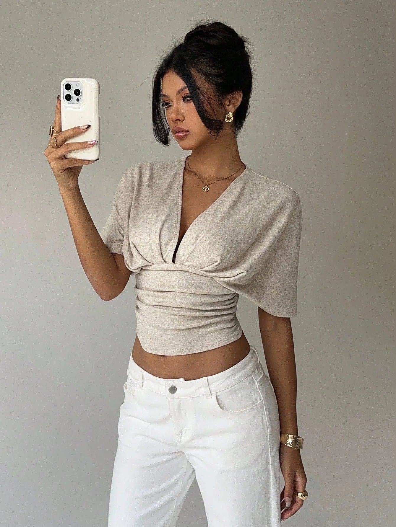 Deep V Short Sleeve Hug Waist T-Shirt
