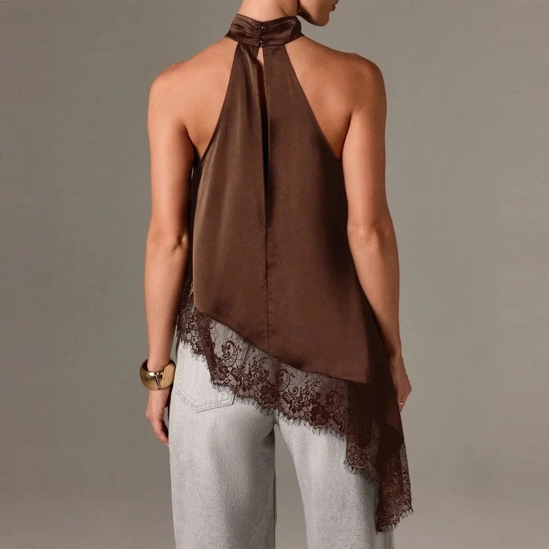 Y2K Mock Neck Lace Asymmetrical Lace Hem Top