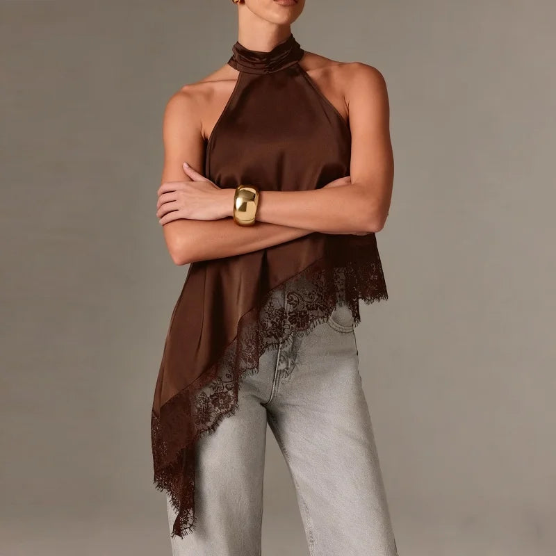 Y2K Mock Neck Lace Asymmetrical Lace Hem Top