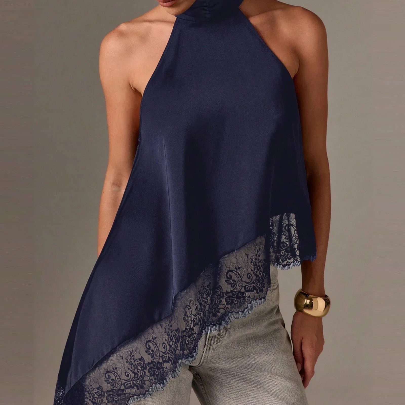 Y2K Mock Neck Lace Asymmetrical Lace Hem Top