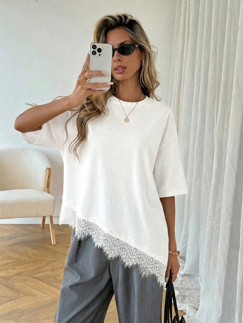 Oversized Lace Trim Loose Fit T-Shirt