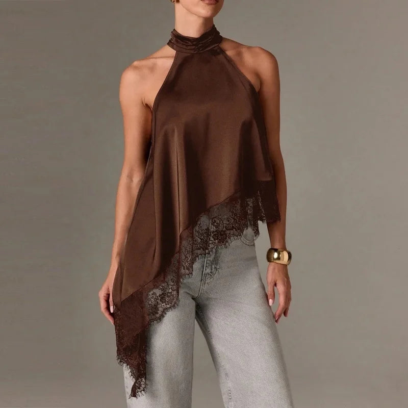 Y2K Mock Neck Lace Asymmetrical Lace Hem Top