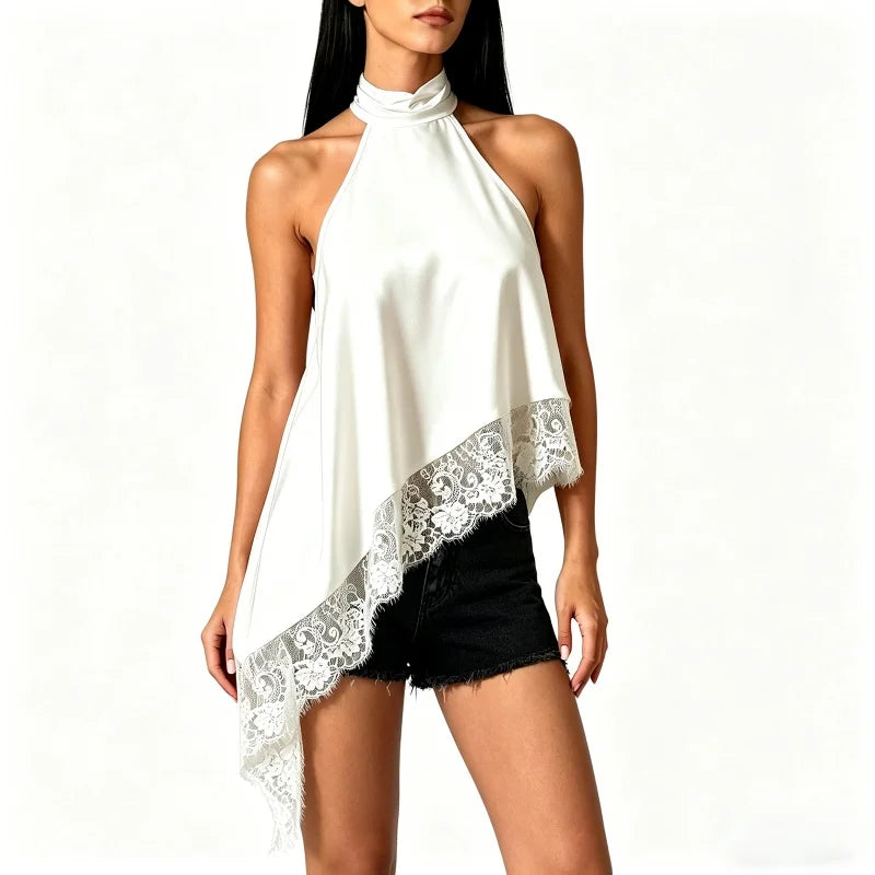 Y2K Mock Neck Lace Asymmetrical Lace Hem Top