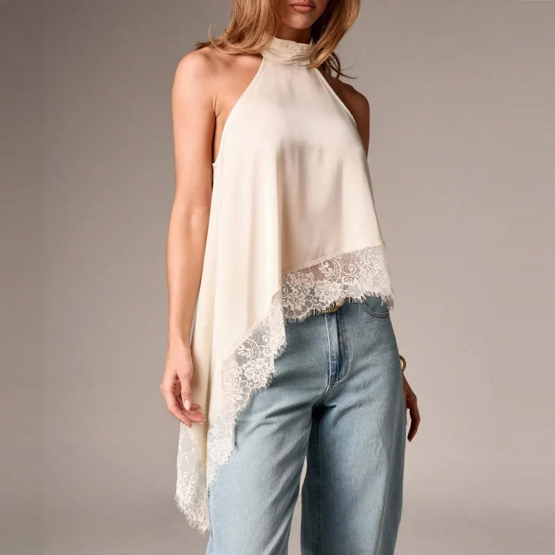 Y2K Mock Neck Lace Asymmetrical Lace Hem Top