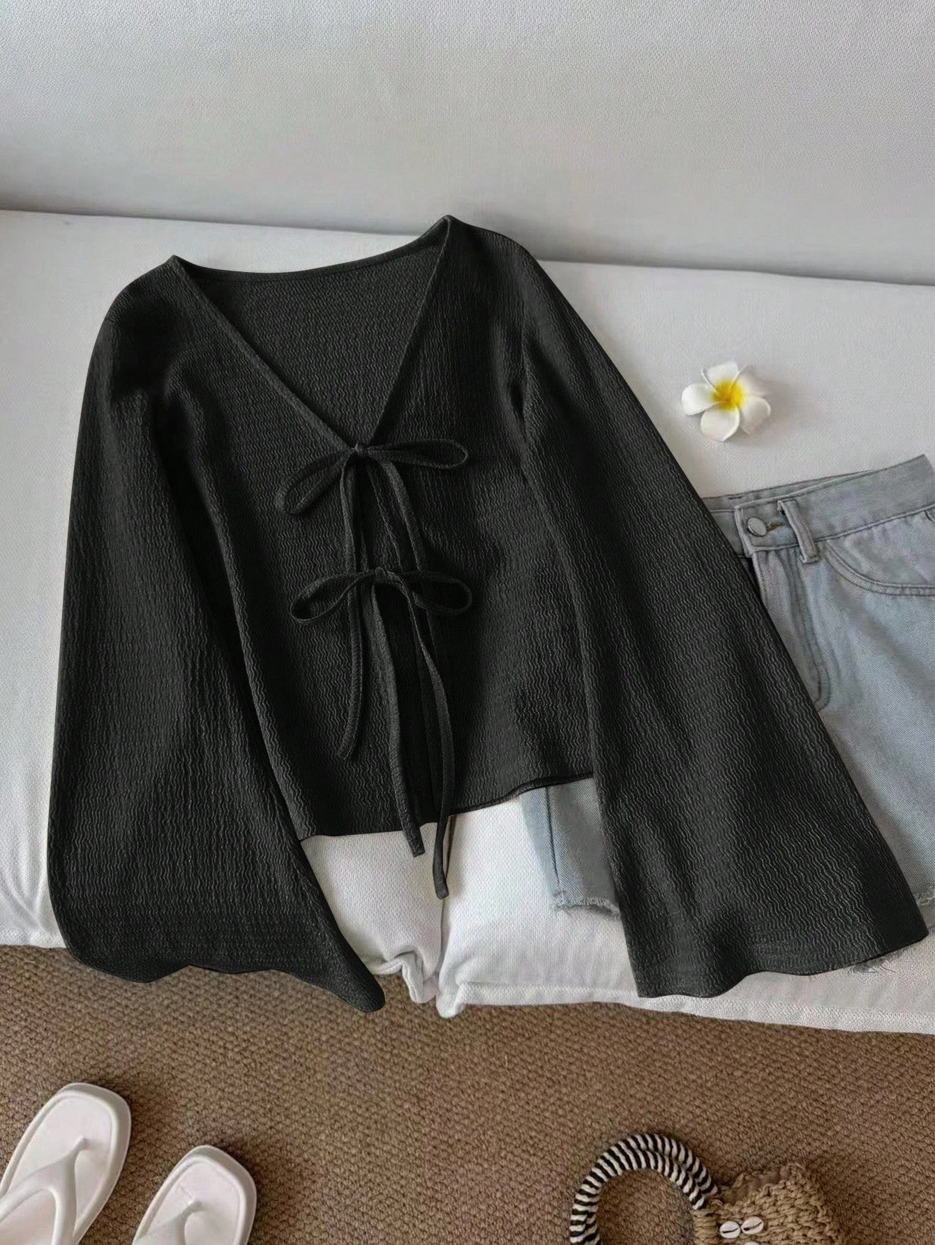 Tie Front Flare Sleeve Blouse 