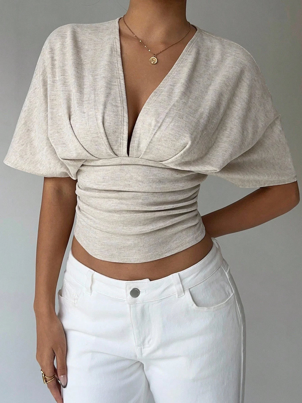 Deep V Short Sleeve Hug Waist T-Shirt