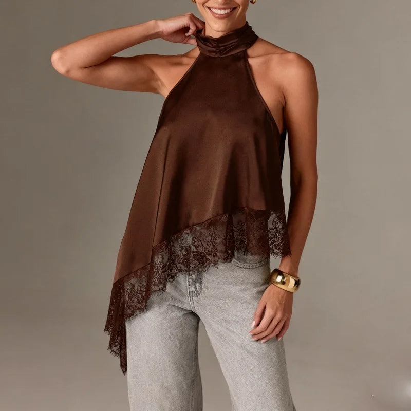 Y2K Mock Neck Lace Asymmetrical Lace Hem Top