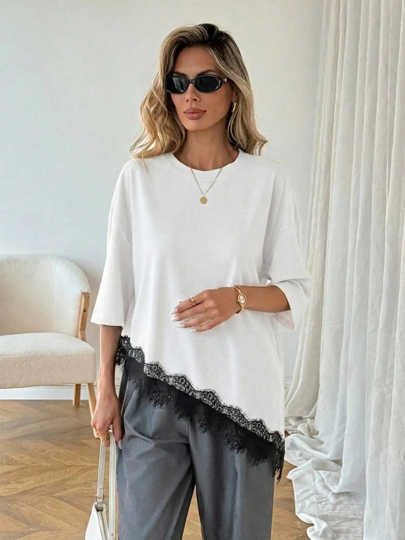Oversized Lace Trim Loose Fit T-Shirt