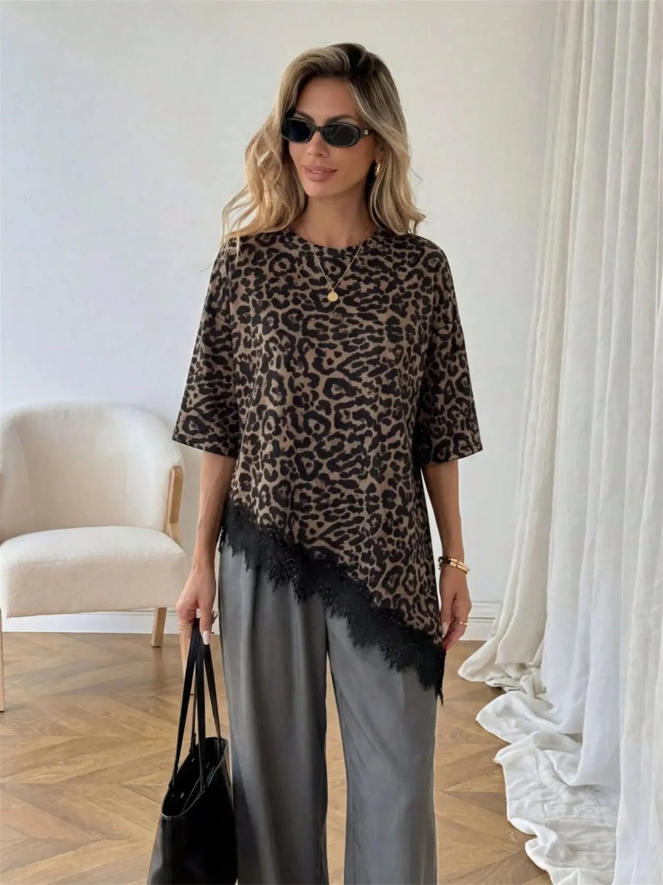 Oversized Lace Trim Loose Fit T-Shirt