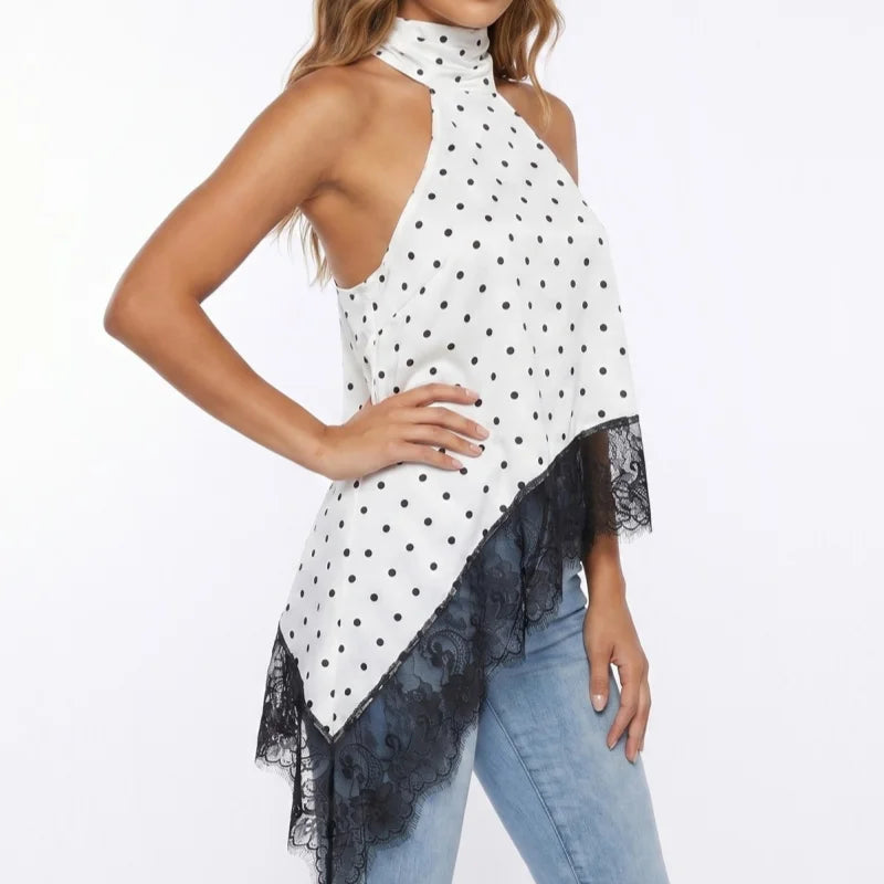Y2K Mock Neck Lace Asymmetrical Lace Hem Top