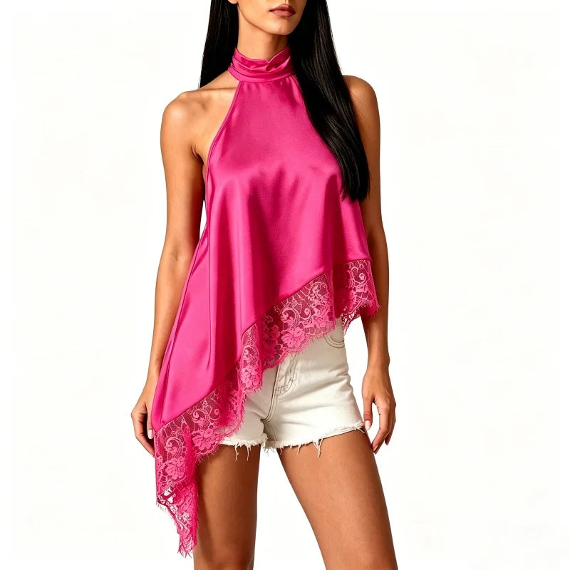 Y2K Mock Neck Lace Asymmetrical Lace Hem Top