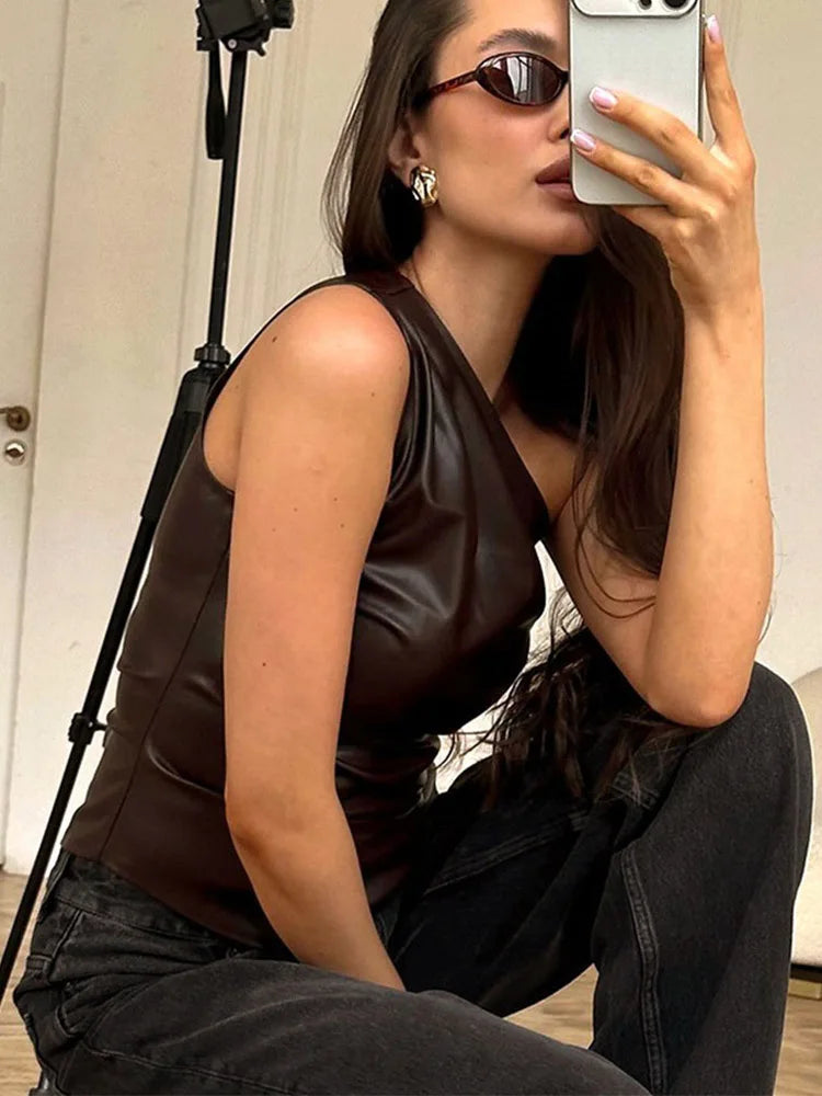 One-Shoulder Asymmetrical Saux Leather Top