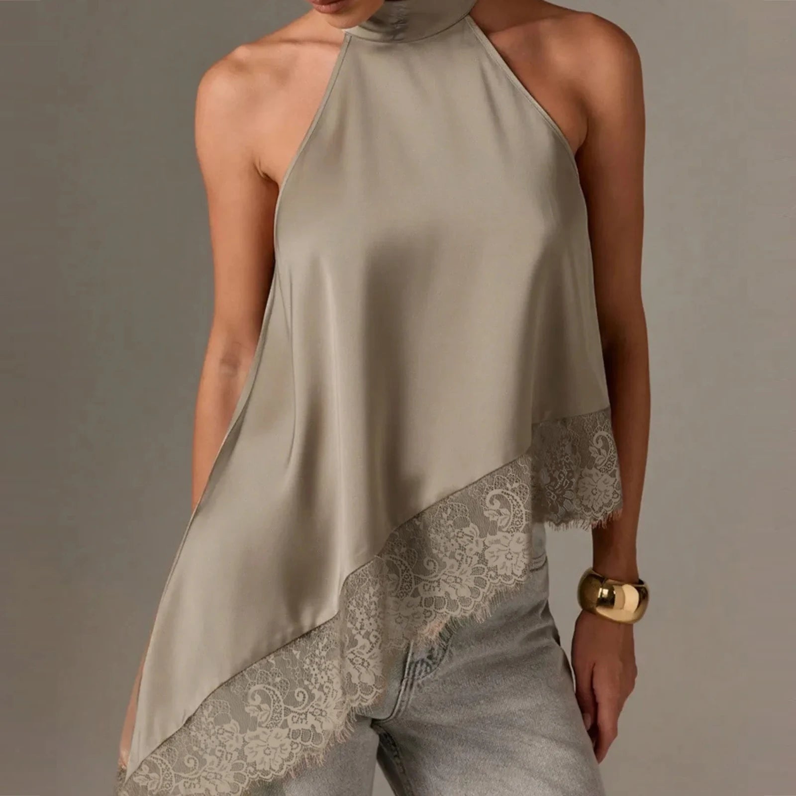 Y2K Mock Neck Lace Asymmetrical Lace Hem Top
