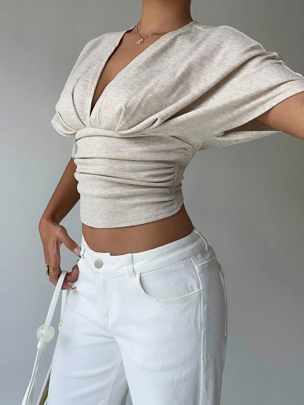 Deep V Short Sleeve Hug Waist T-Shirt