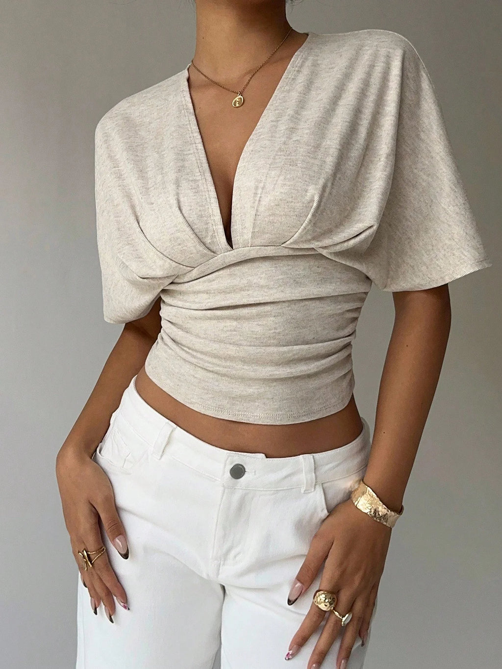 Deep V Short Sleeve Hug Waist T-Shirt