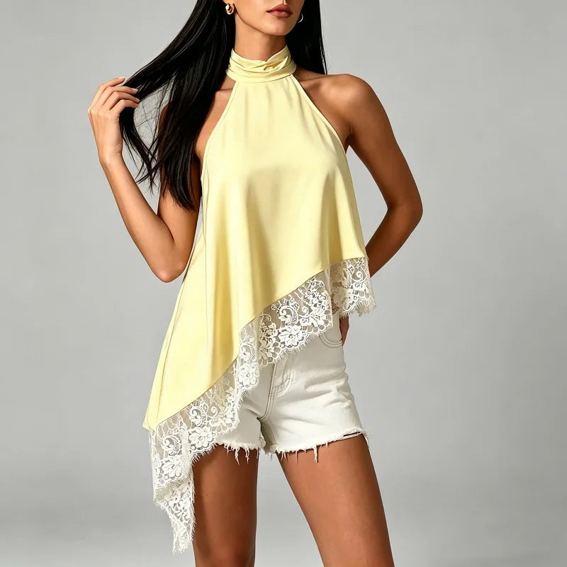 Y2K Mock Neck Lace Asymmetrical Lace Hem Top