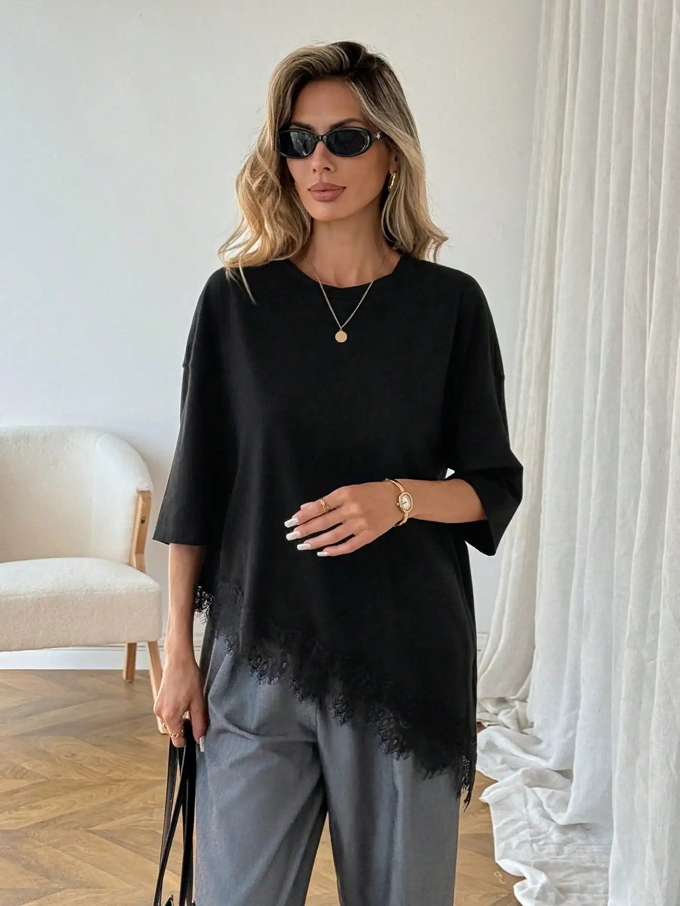 Oversized Lace Trim Loose Fit T-Shirt