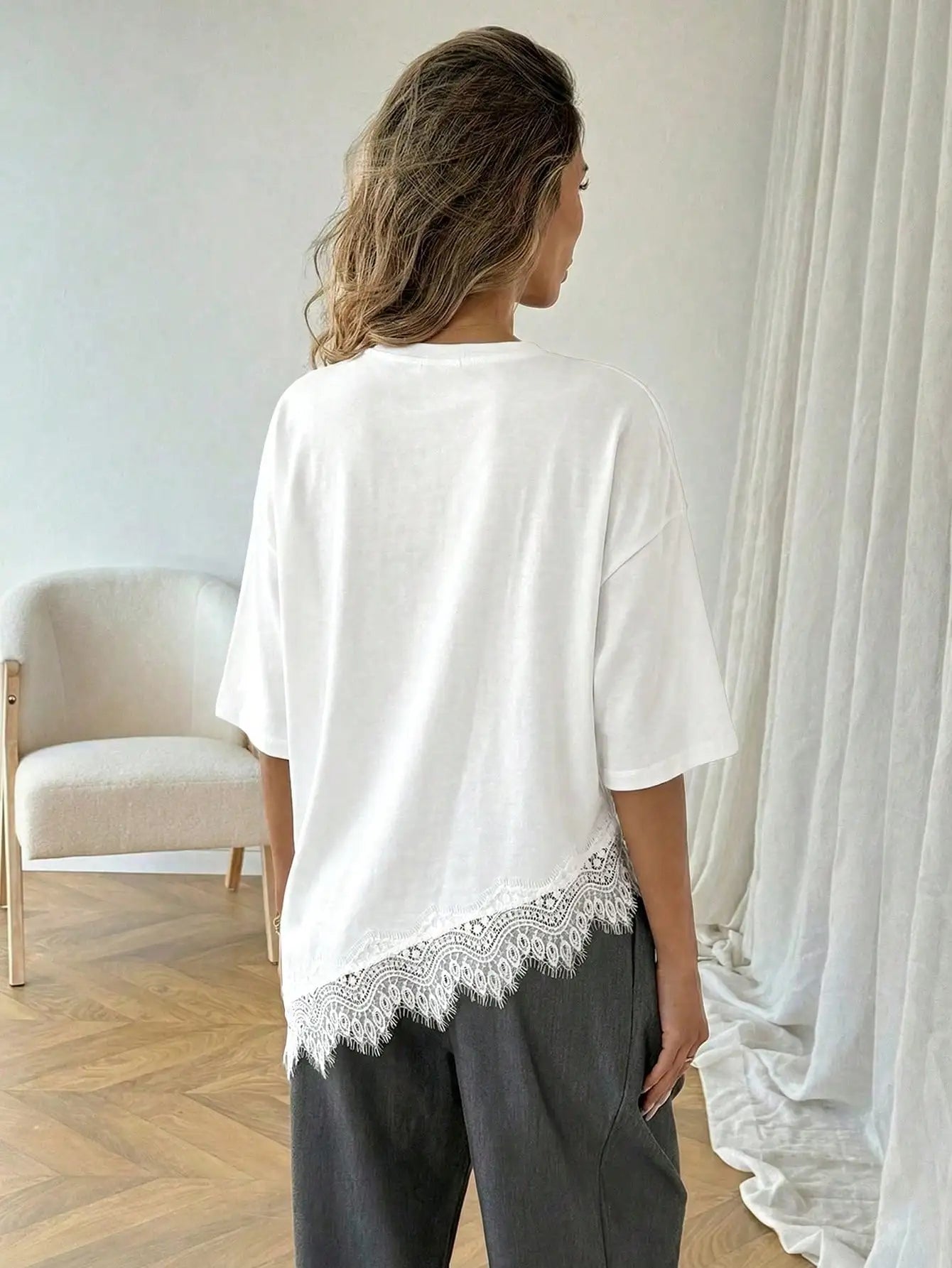 Oversized Lace Trim Loose Fit T-Shirt