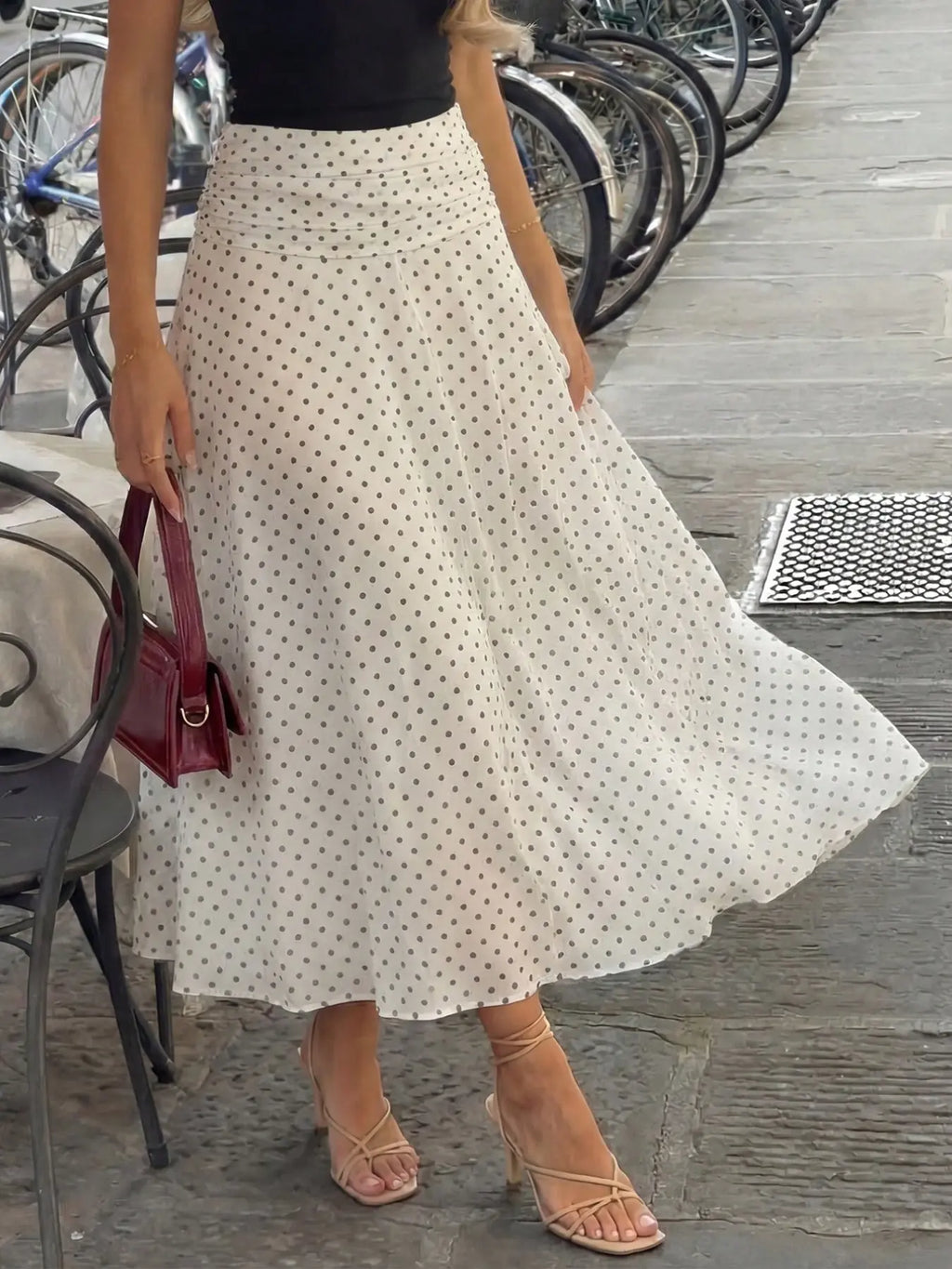 French Vintage High-Waisted Polka Dot Midi Skirt