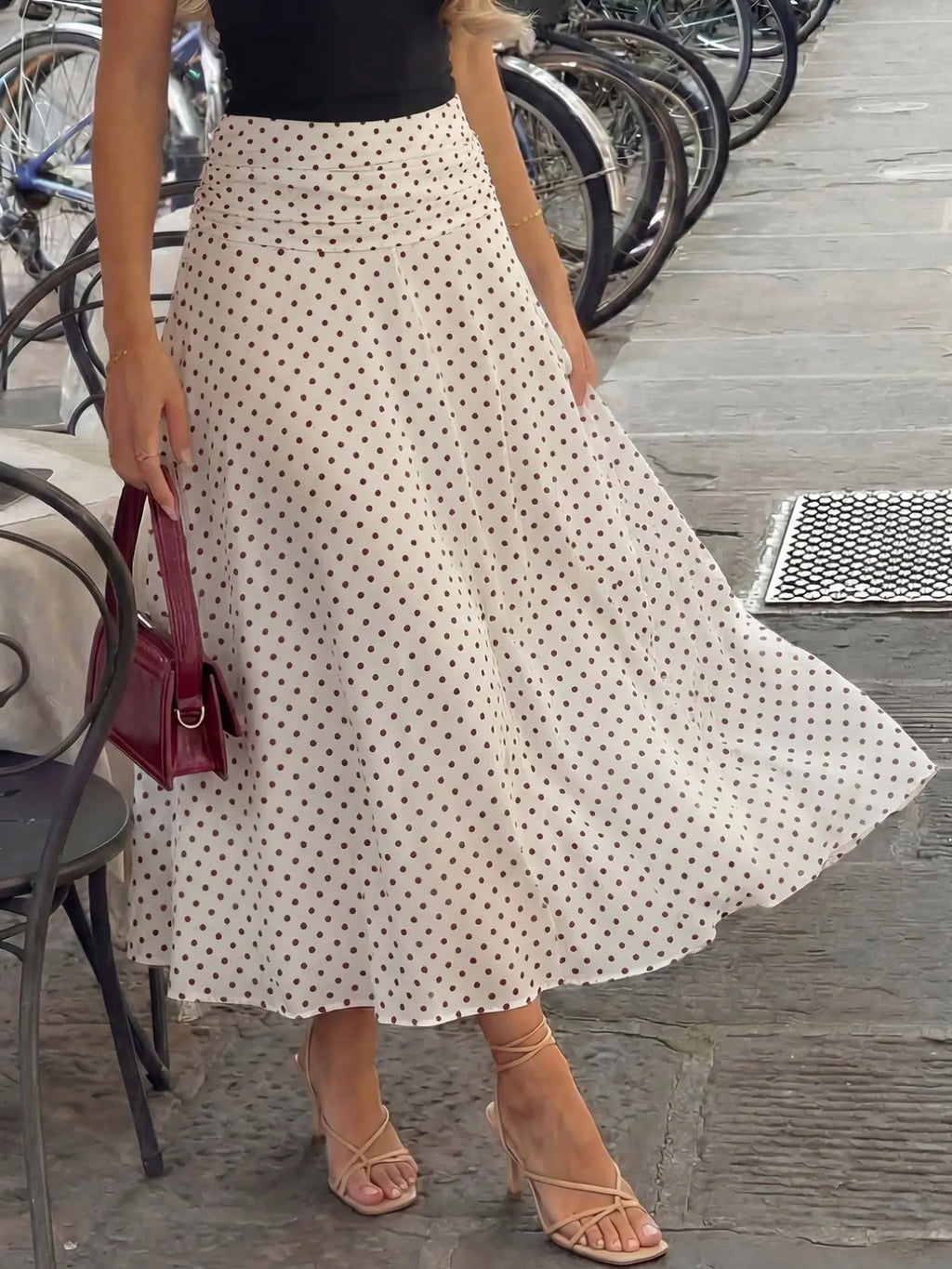 French Vintage High-Waisted Polka Dot Midi Skirt