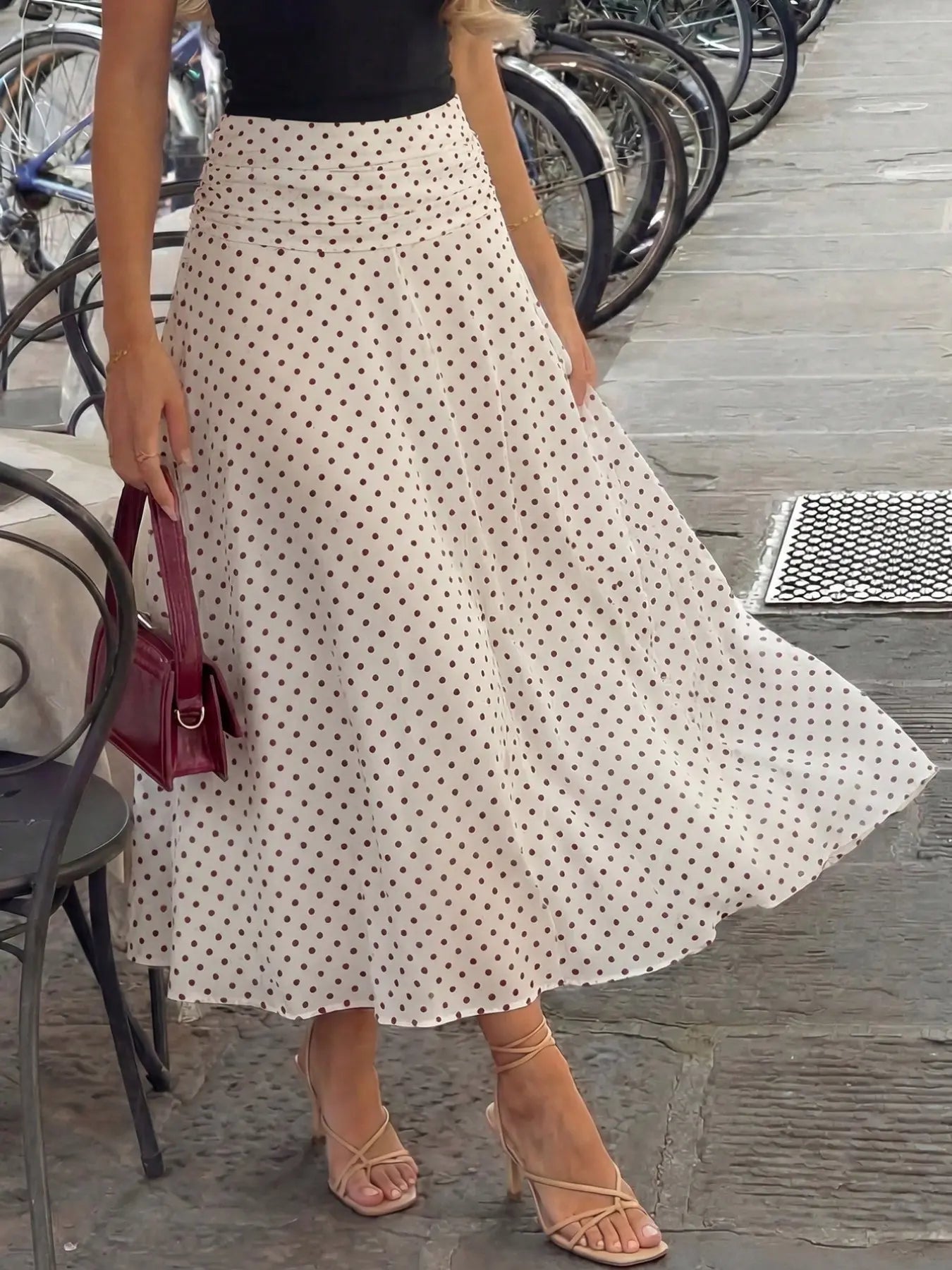 French Vintage High-Waisted Polka Dot Midi Skirt