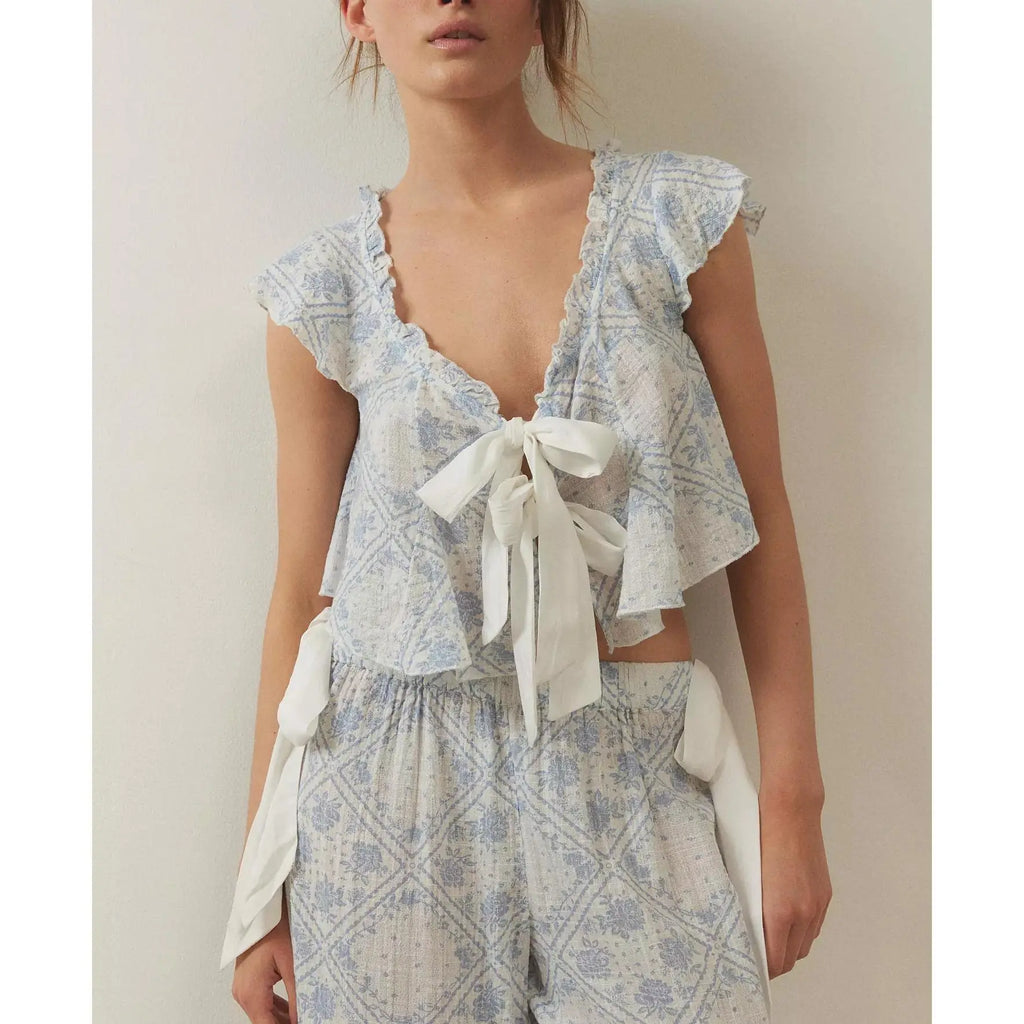 2 Piece Sweetheart Lounge Floral Print Tie Front Set