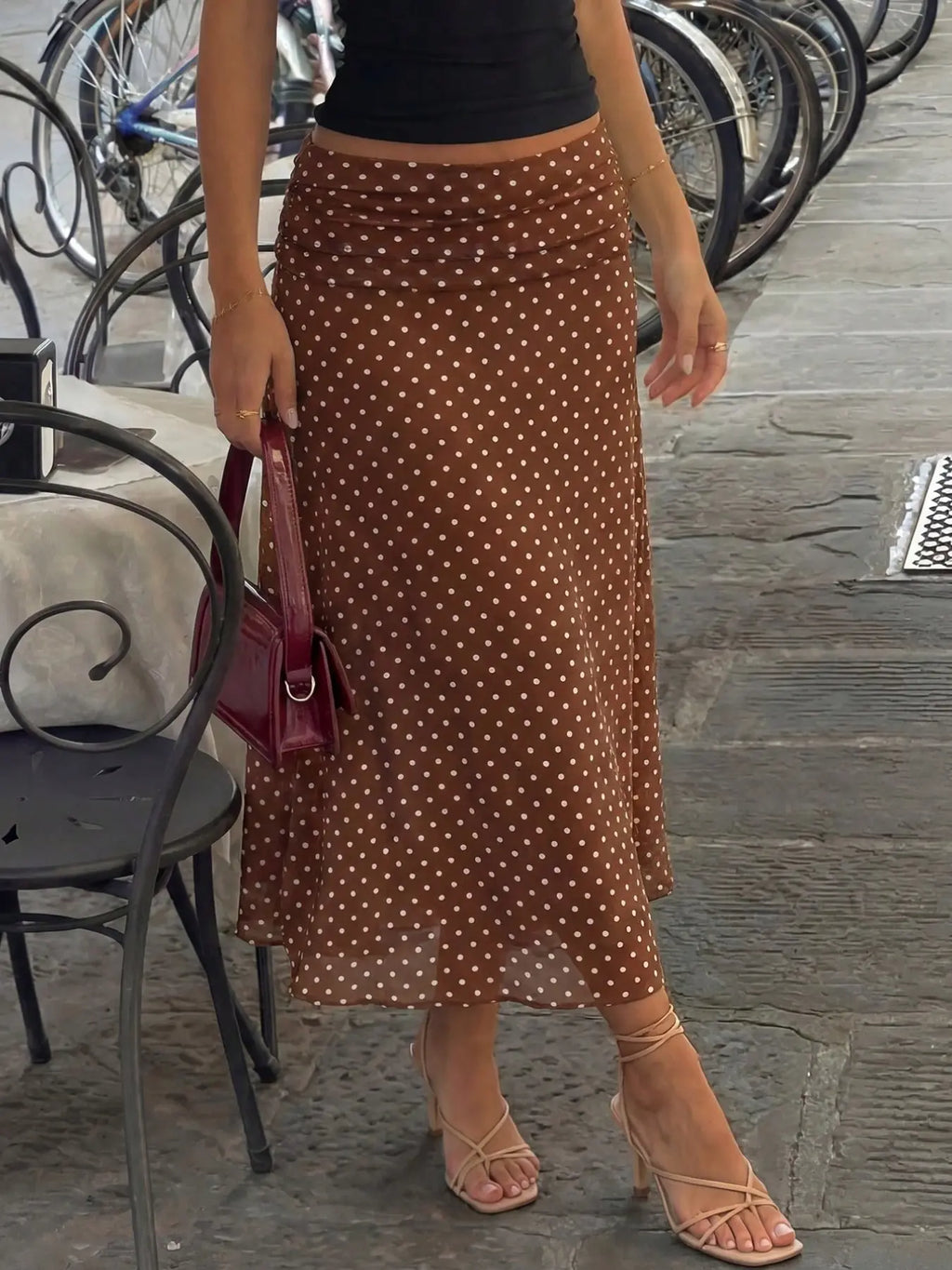 French Vintage High-Waisted Polka Dot Midi Skirt