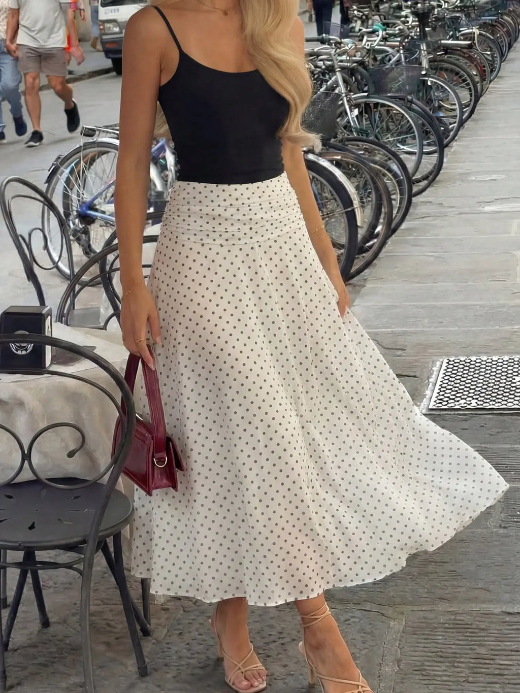 French Vintage High-Waisted Polka Dot Midi Skirt