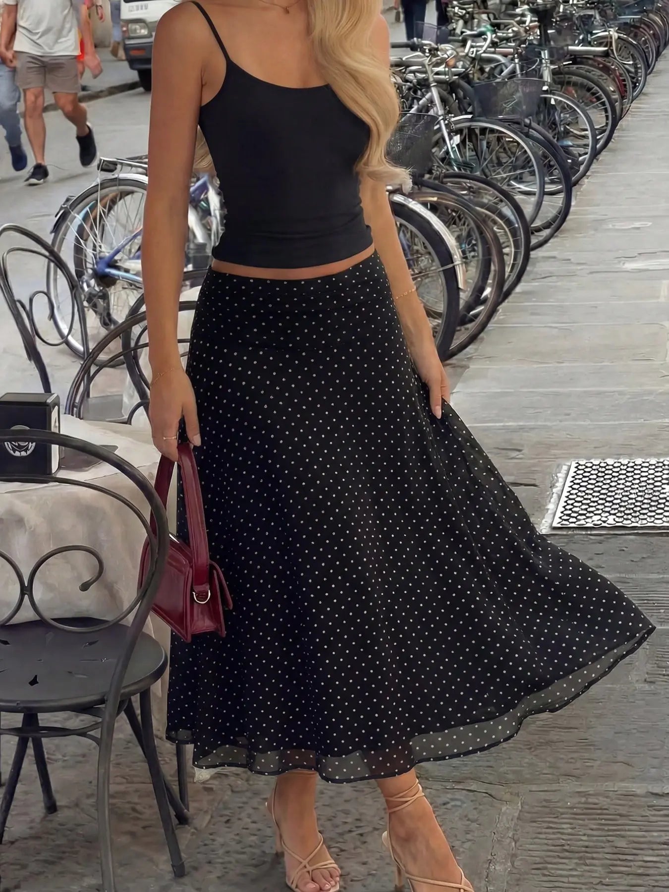 French Vintage High-Waisted Polka Dot Midi Skirt